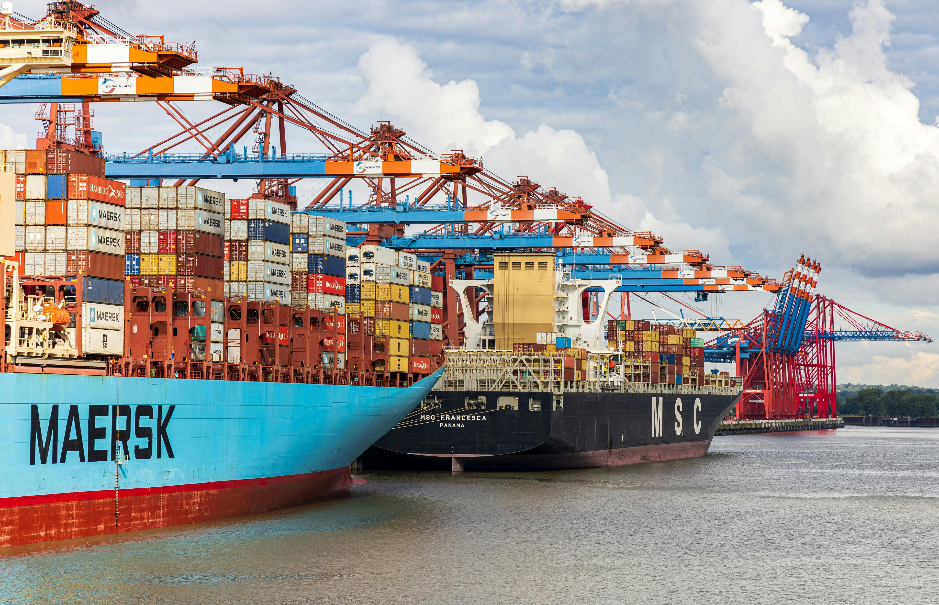 Container ships and quay cranes at a sea freight terminal.